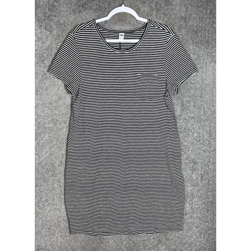 Old Navy Dress Womens Size XL White Black Striped Cotton Short Sleeve Pocket